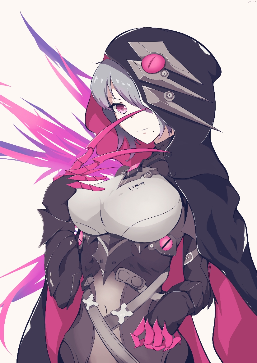 1girl blue_hair bodysuit clawed_gauntlets cloak commentary_request hair_over_one_eye honkai_(series) honkai_impact_3rd hood hooded_cloak medium_hair mole mole_under_mouth raven_(honkai_impact_3rd) skin_tight smile solo violet_eyes wugg