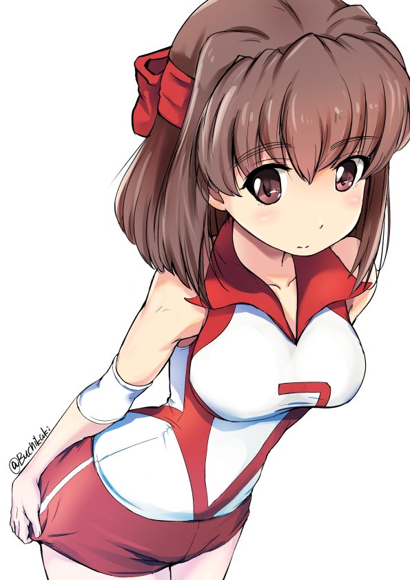 1girl bangs brown_eyes brown_hair buchikaki closed_mouth commentary elbow_pads eyebrows_visible_through_hair girls_und_panzer headband kondou_taeko leaning_forward looking_at_viewer medium_hair red_headband red_shirt red_shorts shirt short_shorts shorts shorts_tug simple_background single_vertical_stripe sleeveless sleeveless_shirt smile solo sportswear standing twitter_username volleyball_uniform white_background