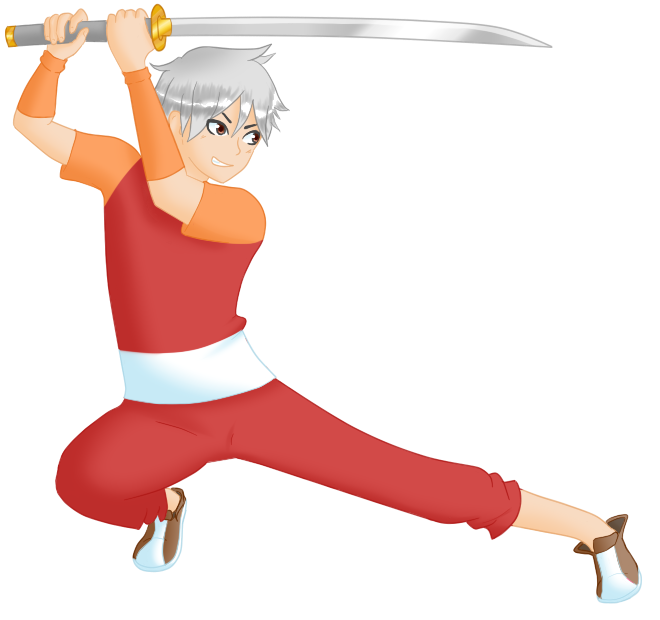 1boy baggy_pants bands brown_eyes crystal_story fighting_stance holding holding_weapon male_focus pants red_clothes sash serious shoes sneakers sword tristam_(crystal_story) weapon white_hair