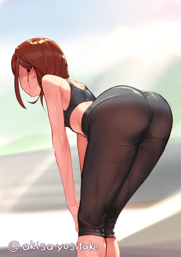 1girl akisa_(12023648) ass bare_shoulders bent_over black_pants blurry blurry_background commentary_request day depth_of_field from_behind hands_on_own_knees original outdoors pants redhead short_hair solo sports_bra sweat tight tight_pants twitter_username wet yoga_pants