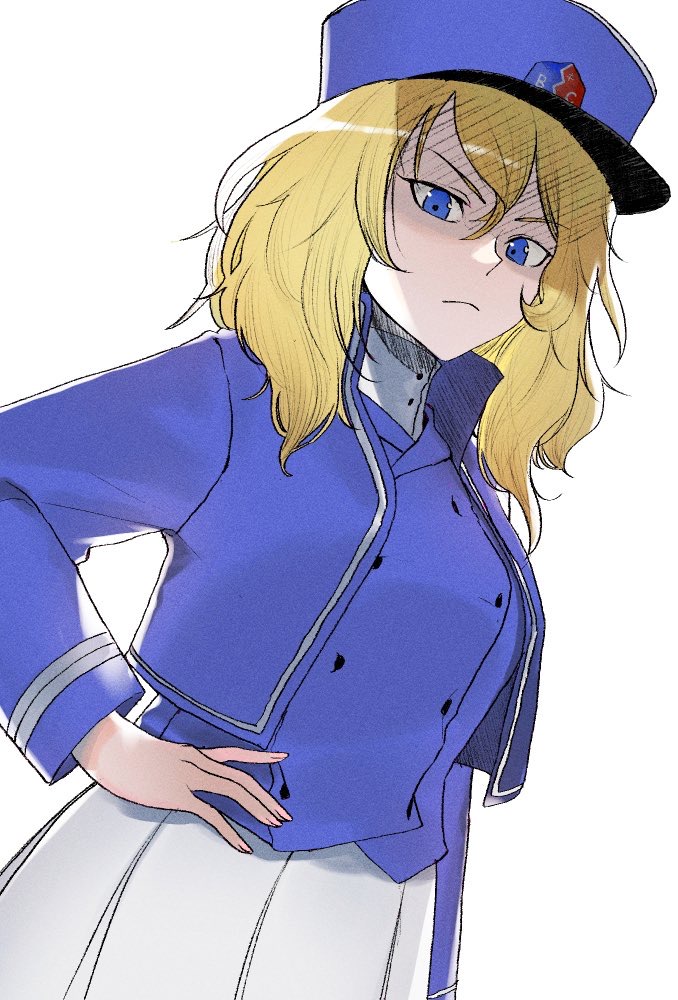 1girl bangs bc_freedom_(emblem) bc_freedom_military_uniform blonde_hair blue_eyes blue_headwear blue_jacket blue_vest closed_mouth dress_shirt dutch_angle emblem frown girls_und_panzer girls_und_panzer_saishuushou hand_on_hip hat high_collar jacket kepi long_sleeves looking_at_viewer medium_hair messy_hair military military_hat military_uniform oshida_(girls_und_panzer) pleated_skirt shirt skirt solo standing thym_(pruj7878) uniform vest white_shirt white_skirt