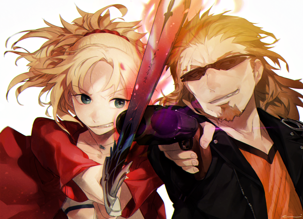 1boy 1girl bandeau beard blonde_hair brown_hair clarent facial_hair fate/apocrypha fate_(series) grin gun holding holding_sword holding_weapon jacket jewelry midriff mordred_(fate) mordred_(fate)_(all) necklace ponytail red_jacket red_scrunchie scrunchie shishigou_kairi shotgun smile sunglasses sword weapon yuni_(via_junk)