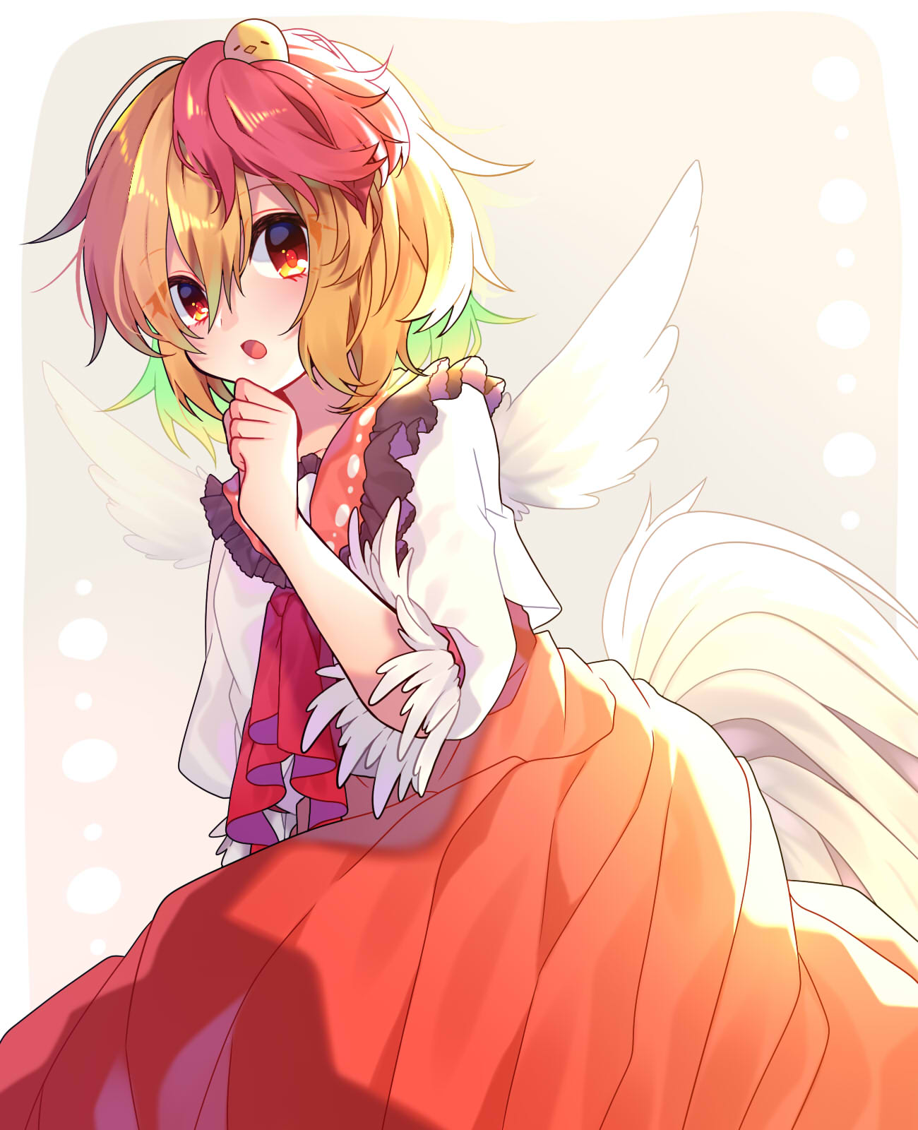 1girl :o animal animal_on_head bangs beige_background bird blonde_hair blush border chick commentary cowboy_shot eyebrows_visible_through_hair feathered_wings frilled_shirt_collar frills hair_between_eyes hand_on_own_chin hand_up highres looking_at_viewer multicolored_hair niwatari_kutaka on_head open_mouth orange_skirt outside_border red_eyes redhead renka_(sutegoma25) shirt short_hair short_sleeves simple_background skirt solo tail_feathers touhou two-tone_hair white_border white_shirt wings