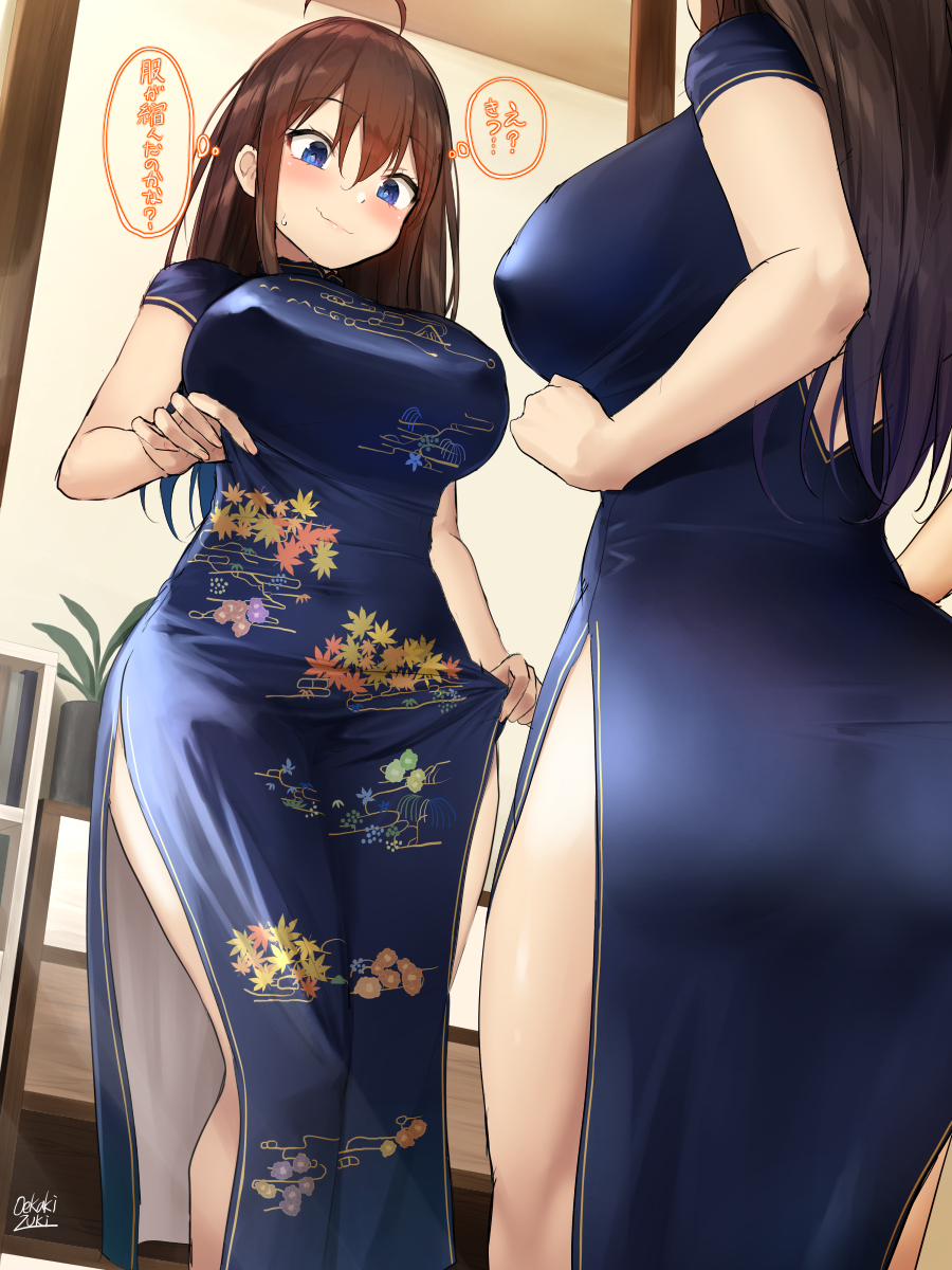 1girl ahoge bangs blue_dress blue_eyes blush breasts brown_hair china_dress chinese_clothes closed_mouth covered_nipples dress eyebrows_visible_through_hair eyelashes floral_print from_below hair_between_eyes highres indoors large_breasts leaf_print lips long_hair mirror oekakizuki original plant reflection short_sleeves signature solo standing sweat translated wavy_mouth