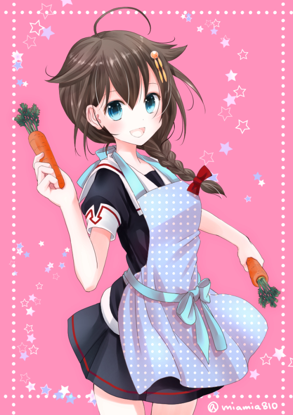 1girl ahoge apron artist_name blue_eyes braid brown_hair carrot hair_flaps ishida_mia kantai_collection looking_at_viewer pink_background shigure_(kantai_collection) single_braid smile solo twitter_username