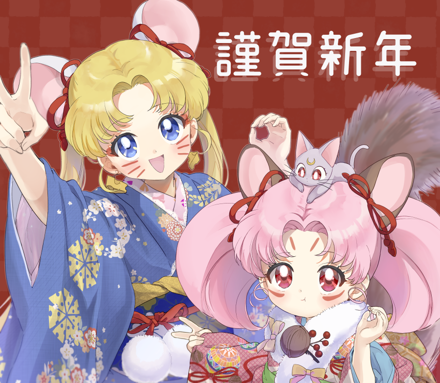 :d :t akakokko animal animal_ears animal_on_head arm_up bangs bishoujo_senshi_sailor_moon blonde_hair blue_eyes blue_kimono bow cat cat_on_head checkered checkered_background chibi_usa chinese_zodiac commentary diana_(sailor_moon) facial_mark floral_print hair_bow japanese_clothes kimono long_hair looking_at_viewer mouse_ears new_year on_head open_mouth parted_bangs pink_hair pink_kimono print_kimono red_background red_bow red_eyes short_hair smile translation_request tsukino_usagi twintails upper_body v year_of_the_rat yellow_bow