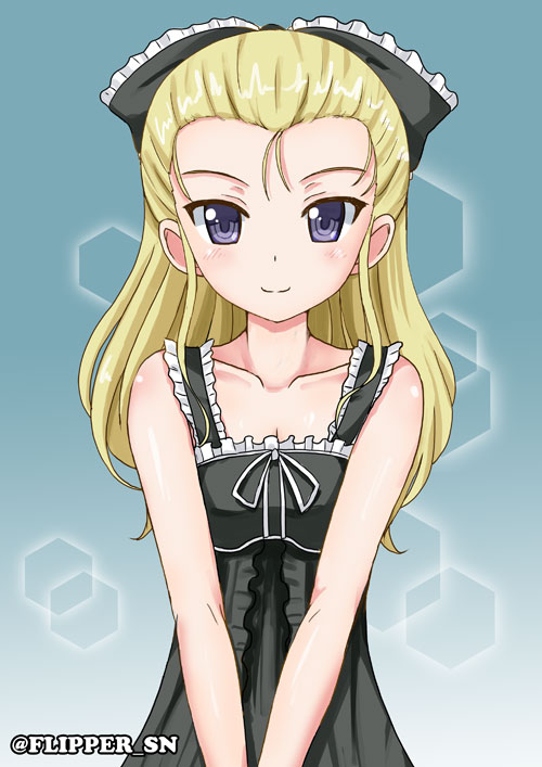 1girl assam_(girls_und_panzer) black_bow blonde_hair blue_eyes bow closed_mouth commentary flipper frilled_bow frills girls_und_panzer gradient gradient_background green_background hair_bow hair_pulled_back hexagon lingerie long_hair looking_at_viewer negligee smile solo standing twitter_username underwear v_arms