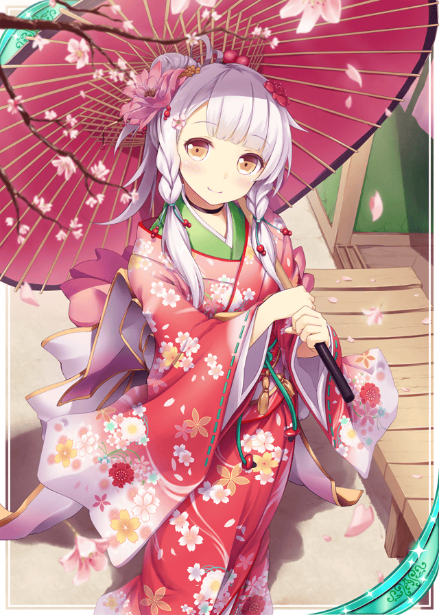 1girl akkijin braid card_(medium) cherry_blossoms floral_print flower hair_flower hair_ornament holding holding_umbrella japanese_clothes kimono looking_up official_art orange_eyes oriental_umbrella outdoors petals shinkai_no_valkyrie short_hair twin_braids umbrella white_hair