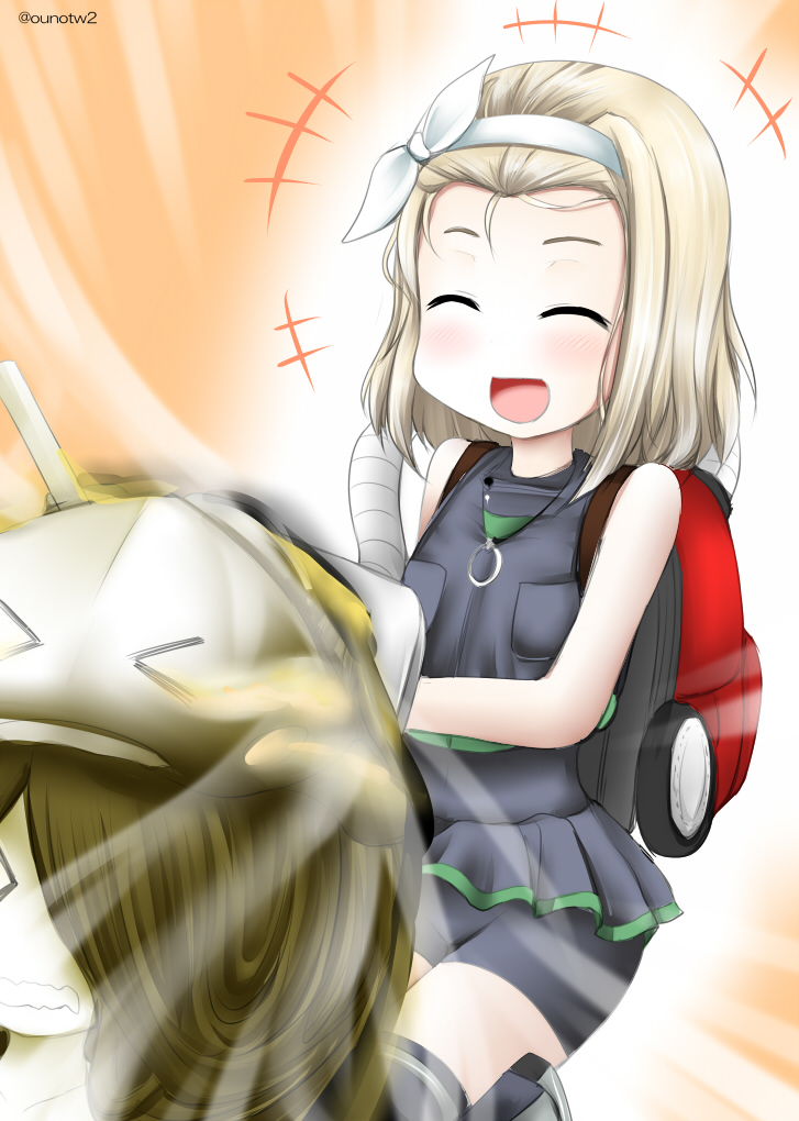 &gt;_&lt; 1girl blonde_hair closed_eyes commentary_request cowboy_shot flat_chest hairband kantai_collection luigi_torelli_(kantai_collection) open_mouth orange_background ouno_(nounai_disintegration) parody short_hair sleeveless smile solo thigh-highs twitter_username vacuum_cleaner wetsuit white_hairband