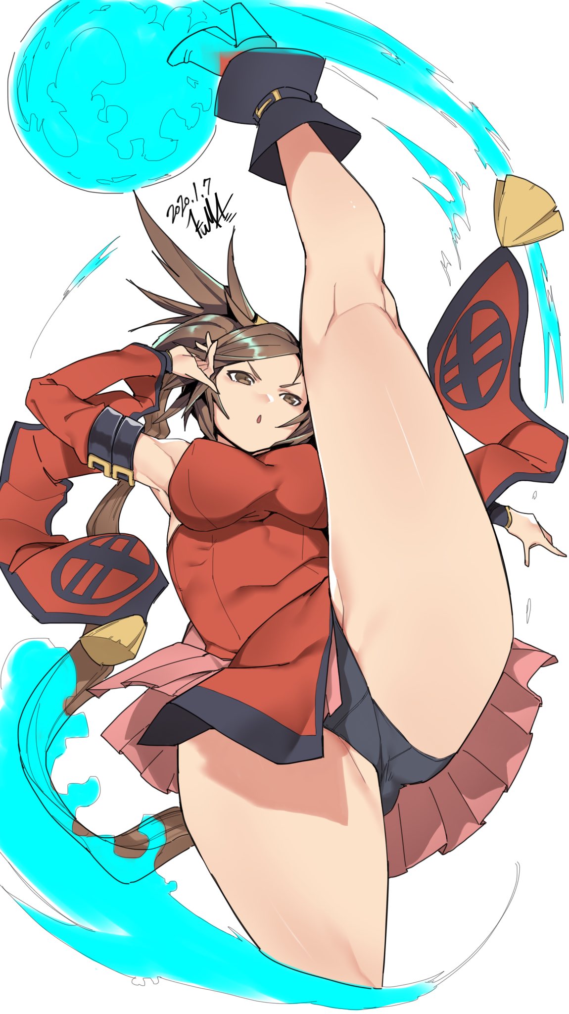 1girl 2020 black_panties boots breasts brown_eyes brown_hair china_dress chinese_clothes dated detached_sleeves dress groin_tendon guilty_gear hair_intakes hair_ring hands_up high_heel_boots high_heels high_kick highres kicking kneepits kuma_(jk0073) kuradoberi_jam large_breasts long_hair open_mouth panties red_dress red_footwear signature simple_background solo split standing standing_on_one_leg standing_split thick_thighs thighs twintails underwear v-shaped_eyebrows very_long_hair white_background