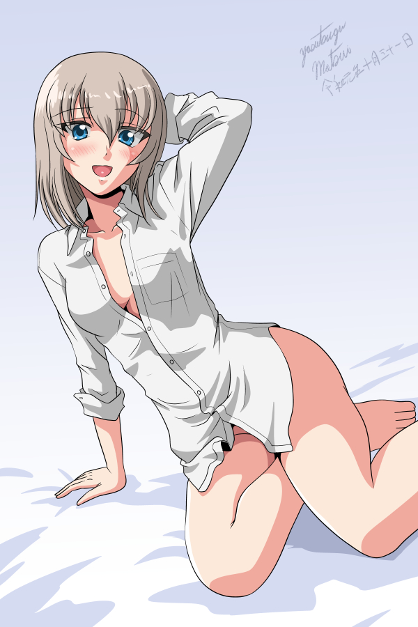 1girl arm_behind_head arm_up artist_name barefoot bed_sheet blush bottomless breasts commentary dated dress_shirt eyebrows_visible_through_hair girls_und_panzer head_tilt itsumi_erika long_sleeves looking_at_viewer matsui_yasutsugu medium_breasts naked_shirt on_bed open_mouth partially_unbuttoned shirt signature sitting sleeves_rolled_up smile solo white_shirt wing_collar yokozuwari