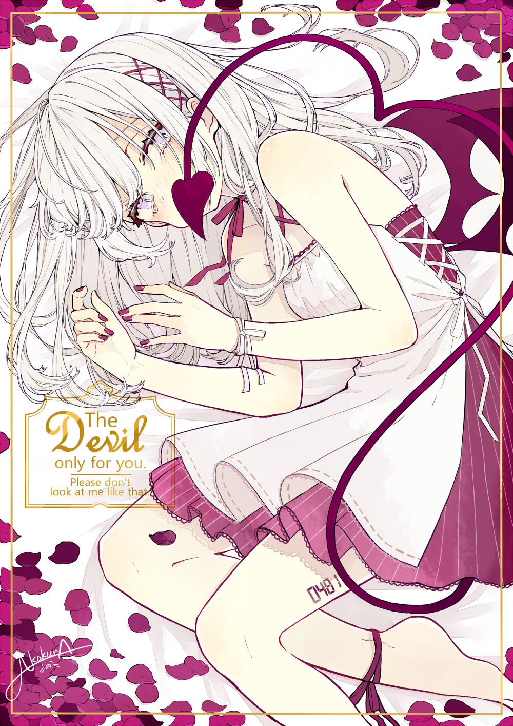 1girl akakura ankle_ribbon bangs barefoot bed_sheet black_ribbon blush choker commentary_request covering_mouth demon_girl demon_tail demon_wings dress english_text hair_ornament highres leg_tattoo long_hair looking_at_viewer lying nail_polish number_tattoo on_side original petals red_nails ribbon ribbon_choker signature solo tail tattoo tearing_up violet_eyes white_hair white_ribbon wings wrist_ribbon x_hair_ornament