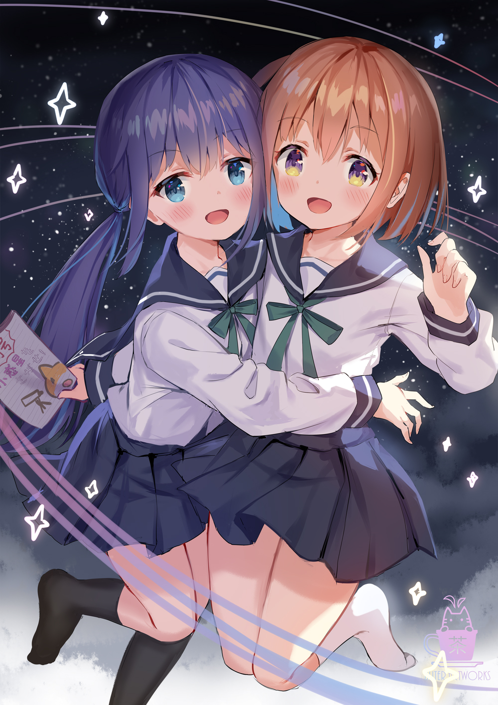 2girls :d aliter artist_name bangs black_legwear black_sailor_collar black_skirt blue_eyes blue_hair blush bow brown_hair commentary_request eyebrows_visible_through_hair green_bow hair_between_eyes highres holding kneehighs koisuru_asteroid konohata_mira long_hair long_sleeves low_twintails manaka_ao multiple_girls no_shoes open_mouth pleated_skirt sailor_collar school_uniform serafuku shirt skirt smile sparkle twintails very_long_hair violet_eyes white_legwear white_shirt