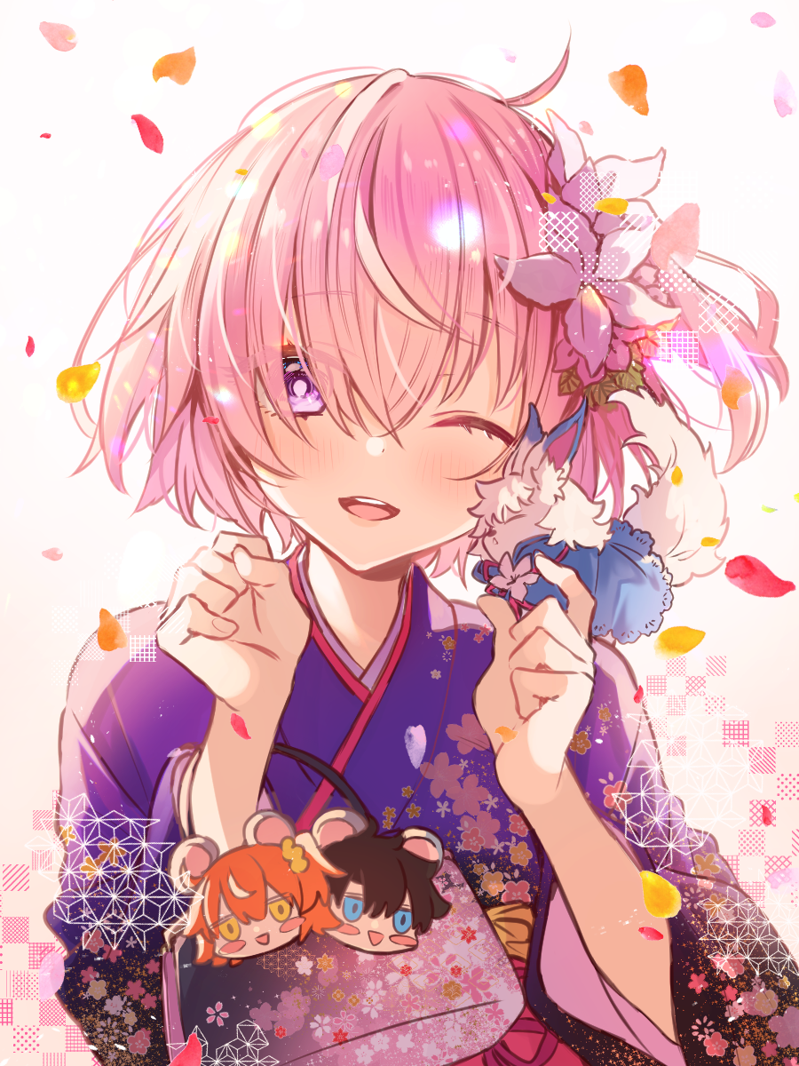 1girl bangs blush breasts commentary_request eyebrows_visible_through_hair fate_(series) floral_print flower fou_(fate/grand_order) hair_flower hair_ornament hair_over_one_eye highres japanese_clothes kimono large_breasts looking_at_viewer mash_kyrielight one_eye_closed open_mouth pink_flower purple_hair purple_kimono short_hair smile solo violet_eyes wasa_(pixiv29582664)