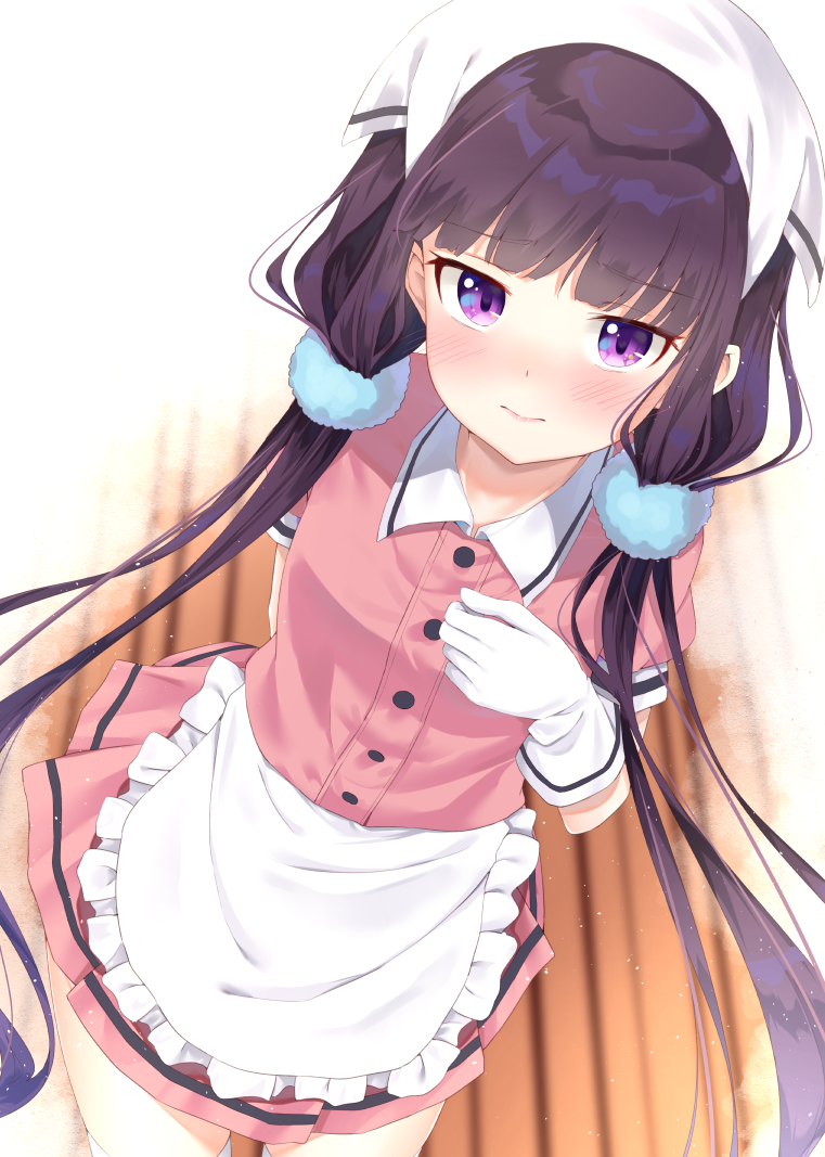 1girl apron black_hair blend_s commentary_request cowboy_shot frilled_apron frills from_above gloves head_scarf holding holding_tray k_mugura long_hair looking_at_viewer low_twintails pink_shirt pink_skirt sakuranomiya_maika shirt skirt solo standing stile_uniform tray twintails violet_eyes waist_apron waitress white_apron white_gloves wooden_floor