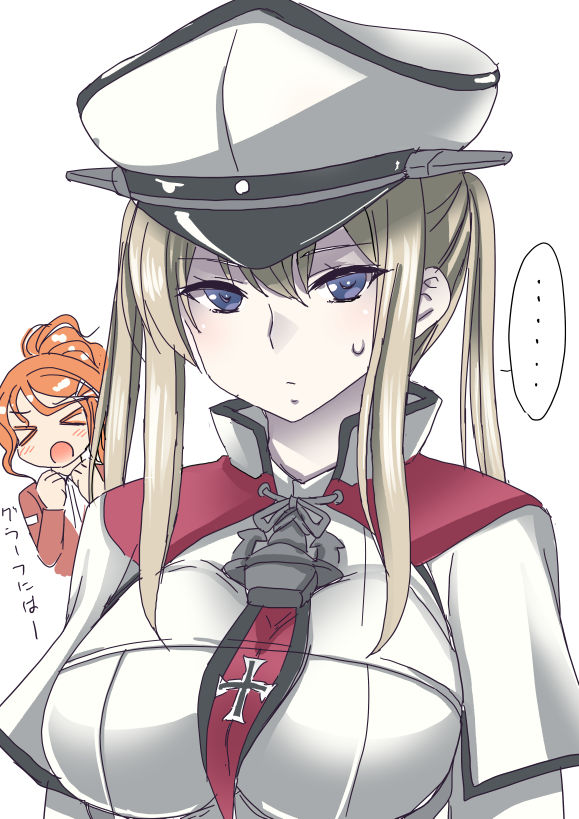 &gt;_&lt; ... 2girls aquila_(kantai_collection) bangs blonde_hair blue_eyes blush breasts capelet clenched_hands closed_mouth eyebrows_visible_through_hair graf_zeppelin_(kantai_collection) hair_between_eyes hair_ornament hairclip hat high_ponytail iron_cross jacket kantai_collection long_hair long_sleeves military military_hat military_uniform multiple_girls open_mouth orange_hair pale_skin peaked_cap ponytail red_jacket sidelocks simple_background speech_bubble sweat tadano_myoushi twintails uniform upper_body wavy_hair white_background white_headwear