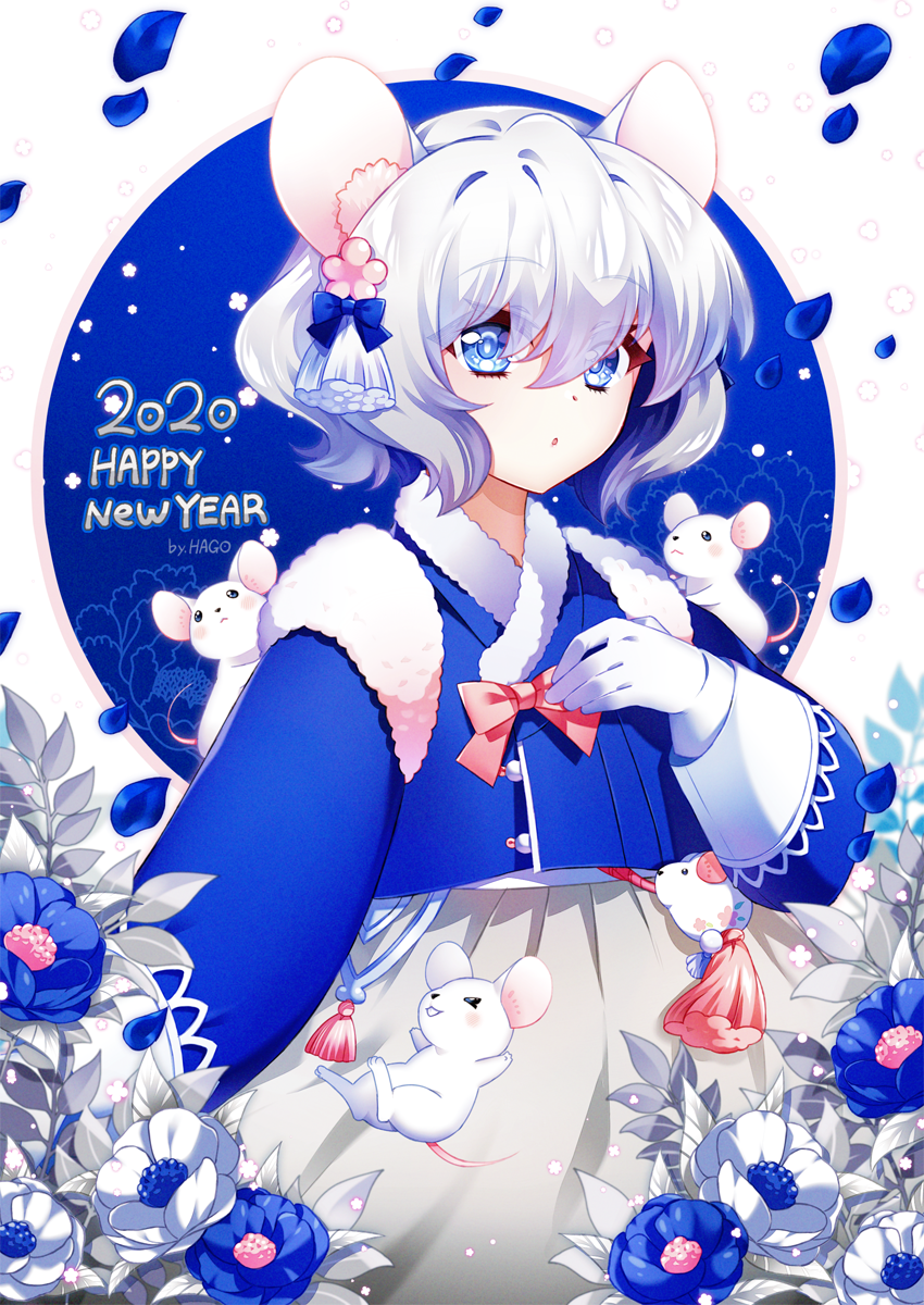1girl 2020 :o animal_ear_fluff animal_ears artist_name bangs blue_eyes blue_flower blue_jacket bow chinese_zodiac commentary_request eyebrows_visible_through_hair flower fur-trimmed_jacket fur_trim gloves grey_skirt hago hair_between_eyes happy_new_year highres jacket long_sleeves mouse_ears new_year original parted_lips petals pink_bow pleated_skirt puffy_long_sleeves puffy_sleeves signature skirt solo upper_body white_flower white_gloves white_hair year_of_the_rat