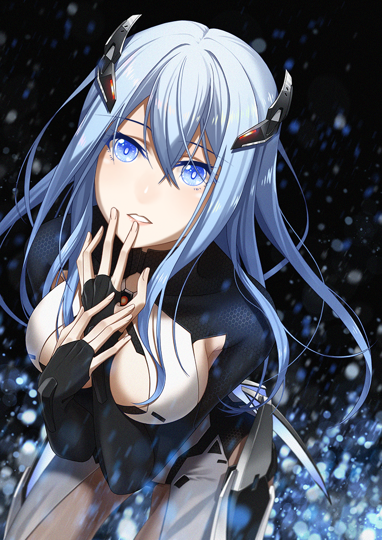 1girl bangs beatless blue_eyes blue_hair blurry blurry_background blurry_foreground bodysuit breasts bridal_gauntlets cleavage_cutout cross_akiha eyebrows_visible_through_hair hair_between_eyes headgear leicia long_hair looking_at_viewer medium_breasts parted_lips solo