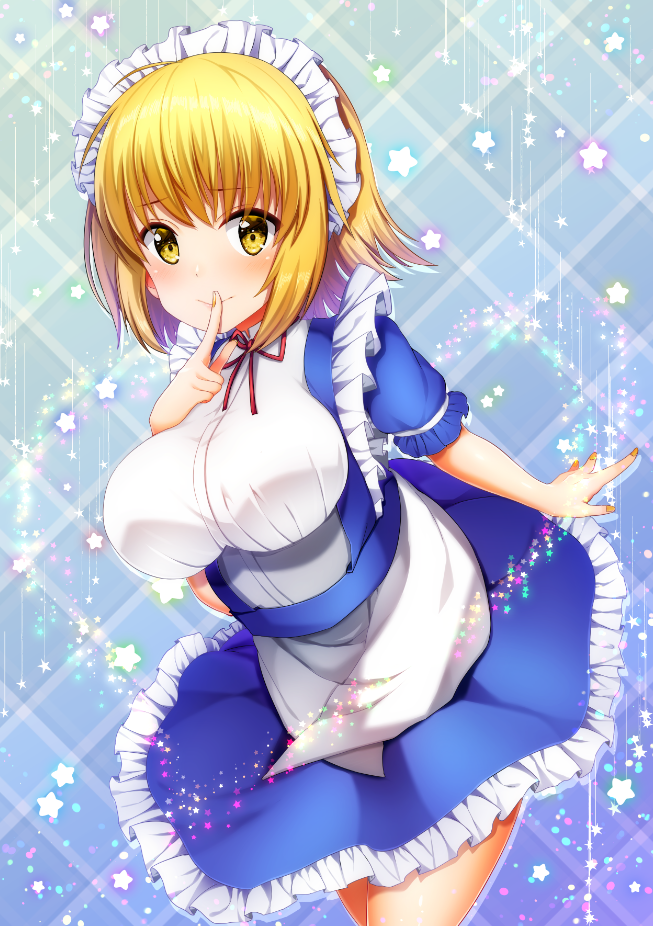 1girl bangs blonde_hair blue_background blue_dress blush breasts commentary_request cowboy_shot dress eyebrows_visible_through_hair finger_to_mouth frills hand_up index_finger_raised large_breasts light_particles looking_at_viewer maid maid_headdress mugetsu petticoat puffy_short_sleeves puffy_sleeves sea_scorpion_(umisasori) short_dress short_hair short_sleeves sidelocks smile solo standing touhou touhou_(pc-98) yellow_eyes
