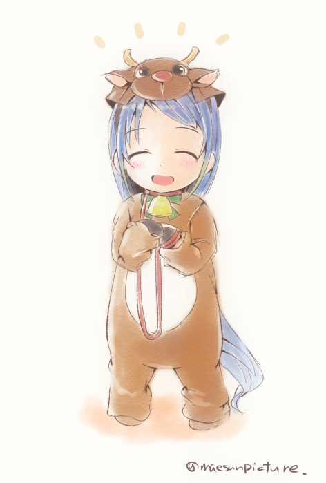 1girl animal_costume antlers artist_name bangs bell bell_collar blue_hair blush closed_eyes collar commentary_request facing_viewer holding_leash kantai_collection leash long_hair looking_at_viewer mae_(maesanpicture) notice_lines open_mouth reindeer_antlers reindeer_costume samidare_(kantai_collection) simple_background solo swept_bangs very_long_hair white_background