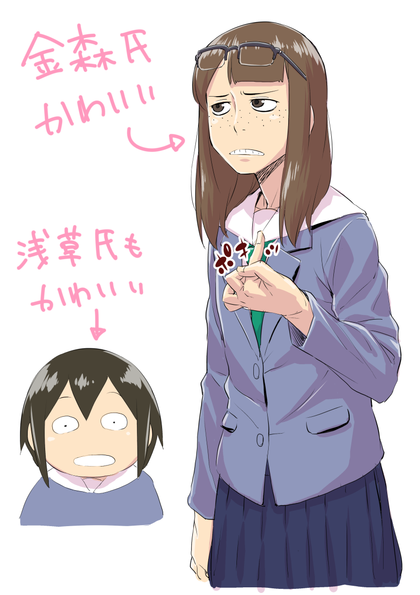 2girls :o asakusa_midori asymmetrical_bangs bangs black_hair blazer blue_jacket blue_skirt blunt_bangs brown_eyes brown_hair character_name chibi commentary_request cowboy_shot cropped_legs eizouken_ni_wa_te_wo_dasu_na! eyewear_on_head freckles glasses green_neckwear jacket kanamori_sayaka katou_jun long_hair multiple_girls necktie pleated_skirt pointing pointing_at_self school_uniform short_hair simple_background sketch skirt teeth translation_request white_background