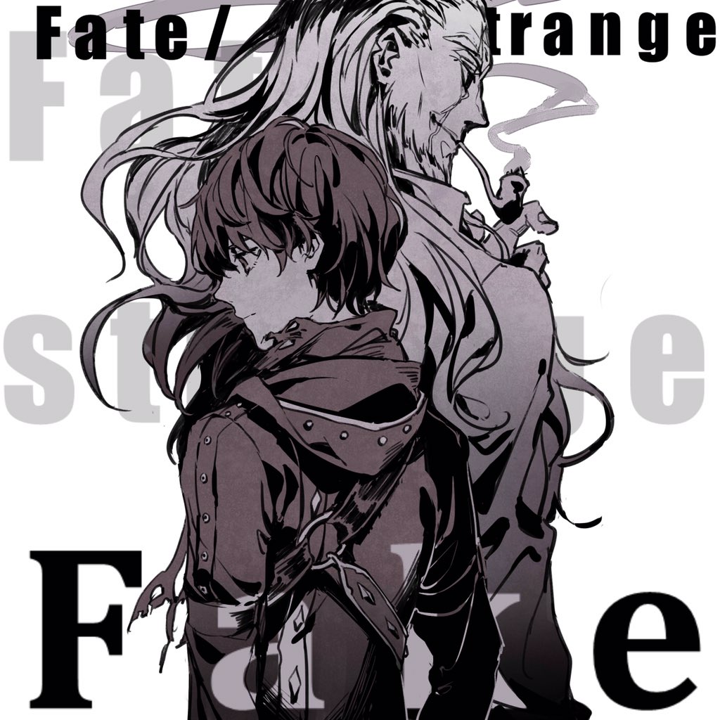 2boys copyright_name facial_scar fate/strange_fake fate_(series) hair_slicked_back high_contrast hood hoodie male_focus multiple_boys old_man pipe redoxhn scar scar_on_cheek scarf sigma_(fate/strange_fake) watcher_(fate/strange_fake)