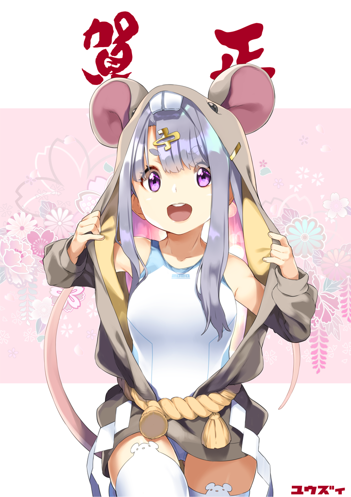 1girl :d animal_band_legwear animal_ears animal_hood bangs bare_shoulders breasts commentary_request competition_swimsuit eyebrows_visible_through_hair fake_animal_ears floral_background grey_hair grey_jacket hair_ornament hood hood_up hooded_jacket jacket long_sleeves mouse_ears mouse_girl mouse_hood mouse_tail nengajou new_year one-piece_swimsuit open_mouth original round_teeth short_eyebrows small_breasts smile solo swimsuit swimsuit_under_clothes tail tail_raised teeth thick_eyebrows thigh-highs upper_teeth v-shaped_eyebrows violet_eyes white_legwear white_swimsuit yuuzii