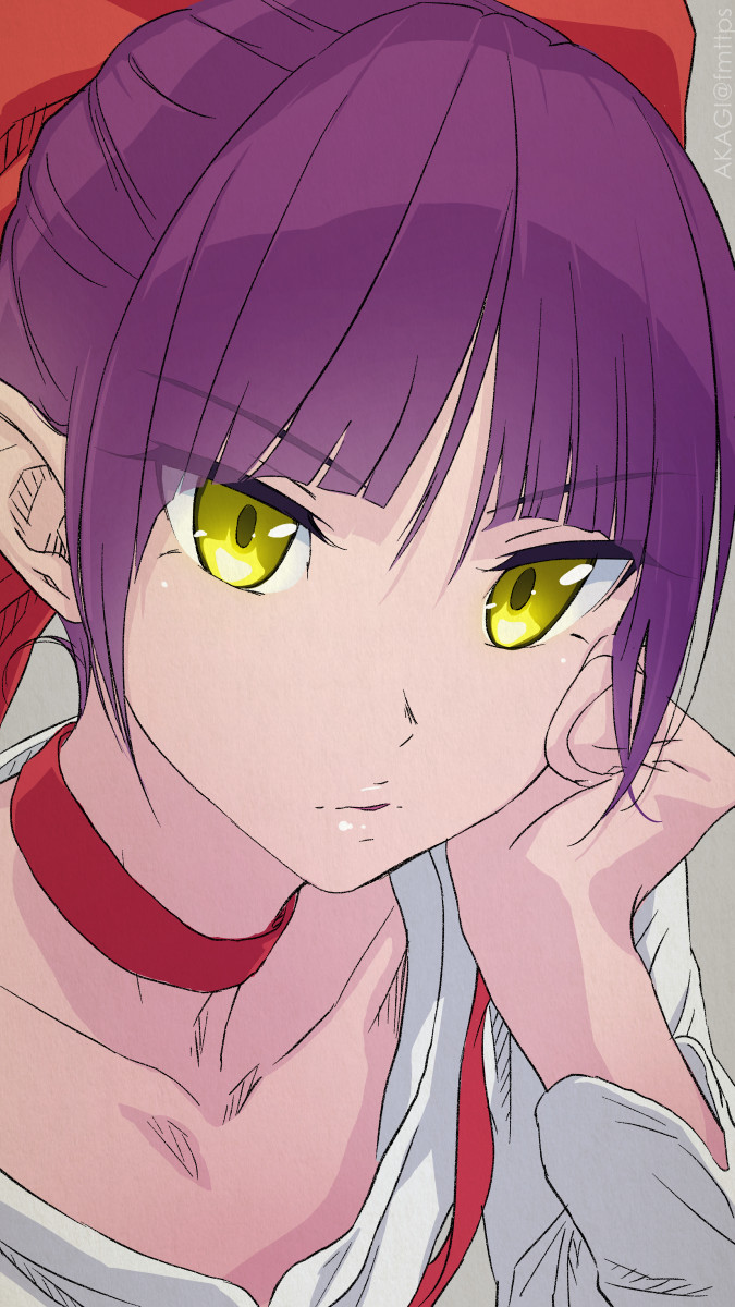 1girl akagi_(fmttps) bangs bow choker close-up eyebrows_visible_through_hair gegege_no_kitarou grey_background hair_bow highres looking_at_viewer nekomusume nekomusume_(gegege_no_kitarou_6) parted_lips pointy_ears portrait purple_hair short_hair simple_background solo twitter_username yellow_eyes