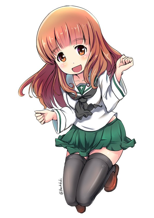 1girl bangs black_legwear black_neckwear blouse blunt_bangs brown_footwear buchikaki clenched_hands commentary eyebrows_visible_through_hair floating full_body girls_und_panzer green_skirt legs_up loafers long_hair long_sleeves looking_at_viewer miniskirt neckerchief ooarai_school_uniform open_mouth orange_eyes orange_hair pleated_skirt school_uniform serafuku shoes simple_background skindentation skirt smile solo takebe_saori thigh-highs twitter_username w_arms white_background white_blouse