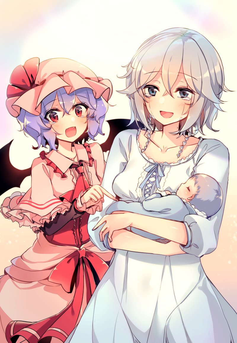 1other 2girls :d alternate_costume ambiguous_gender ascot baby bangs bat_wings blue_eyes blue_hair blush braid breasts capelet closed_eyes collarbone commentary_request cowboy_shot dress eyebrows_visible_through_hair fang frilled_capelet frilled_shirt_collar frills hair_between_eyes happy_tears hat hat_ribbon holding holding_baby izayoi_sakuya kirero long_sleeves looking_at_viewer medium_breasts mob_cap multiple_girls nightgown open_mouth pink_capelet pink_dress pink_headwear pointing red_eyes red_neckwear red_ribbon remilia_scarlet ribbon short_hair silver_hair smile standing tears touhou twin_braids white_dress wings