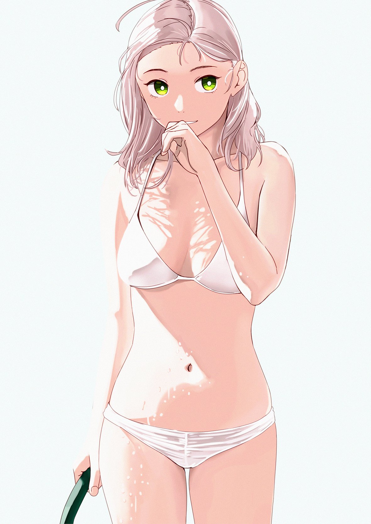1girl alternate_costume bare_arms bare_shoulders bikini blush breasts collarbone commentary_request cowboy_shot eyebrows_visible_through_hair green_eyes highres holding hose kantai_collection kinugasa_(kantai_collection) looking_at_viewer medium_breasts navel ojipon silver_hair simple_background skindentation smile solo stomach string_bikini swimsuit water_drop wet white_background white_bikini