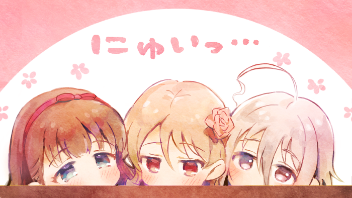 3girls ahoge bangs blonde_hair blue_eyes blush brown_hair flower grey_hair hair_flower hair_ornament hair_ribbon hairband hoshi_shouko idolmaster idolmaster_cinderella_girls looking_at_viewer morikubo_nono multiple_girls omisoshiru pink_flower red_eyes red_ribbon ribbon sakuma_mayu translation_request under_the_desk