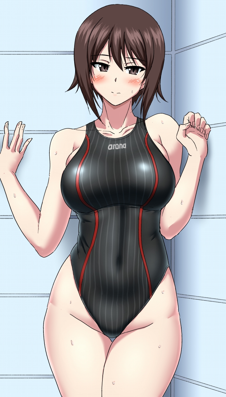 1girl arena_(company) bangs black_swimsuit brand_name_imitation brown_eyes brown_hair commentary_request competition_swimsuit girls_und_panzer highleg highleg_swimsuit highres looking_at_viewer muchabou nishizumi_maho one-piece_swimsuit short_hair solo striped striped_swimsuit swimsuit thigh_gap