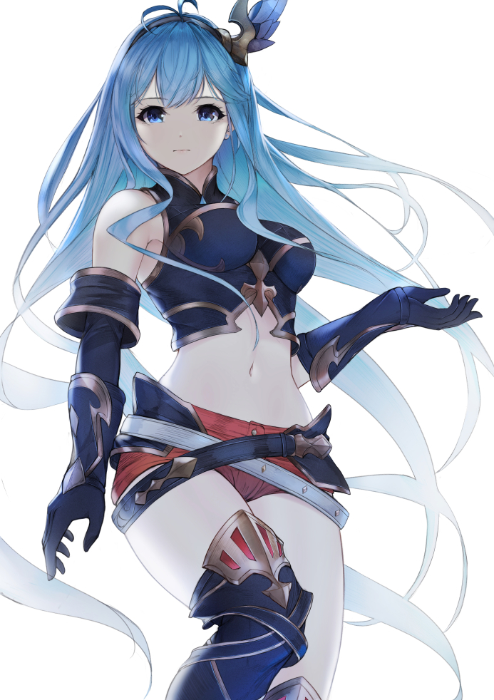 1girl antenna_hair armored_boots belt black_belt black_footwear black_gloves blue_eyes blue_hair boots breasts breasts_apart closed_mouth crop_top elbow_gloves floating_hair gloves granblue_fantasy grey_belt hair_between_eyes headgear long_hair looking_at_viewer mari_(doraerin0) medium_breasts midriff navel red_shorts short_shorts shorts simple_background sleeveless solo standing stomach thigh-highs thigh_boots very_long_hair white_background