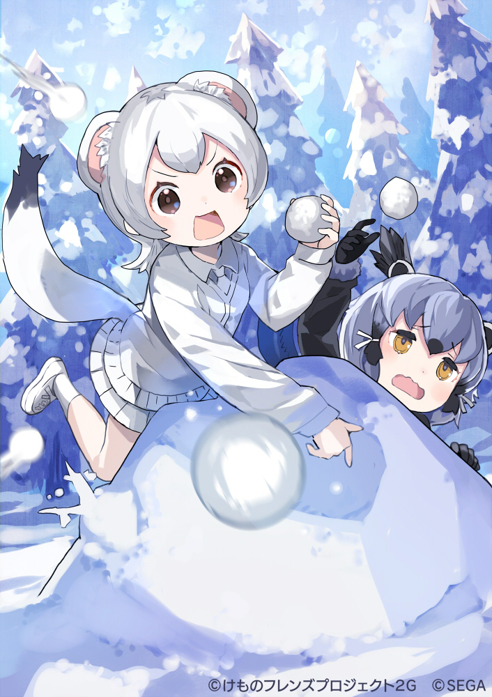 2girls animal_ear_fluff bangs black_gloves black_hair brown_eyes character_request commentary_request day extra_ears fur-trimmed_sleeves fur_trim gloves grey_hair jacket kemono_friends kemono_friends_3:_planet_tours long_hair long_sleeves looking_at_viewer multicolored_hair multiple_girls official_art open_mouth outdoors rectangular_mouth skirt snow snowball stoat_(kemono_friends) stoat_ears stoat_tail tail tobi_(kotetsu) tree two-tone_hair v-shaped_eyebrows wavy_mouth white_hair white_jacket white_skirt yellow_eyes