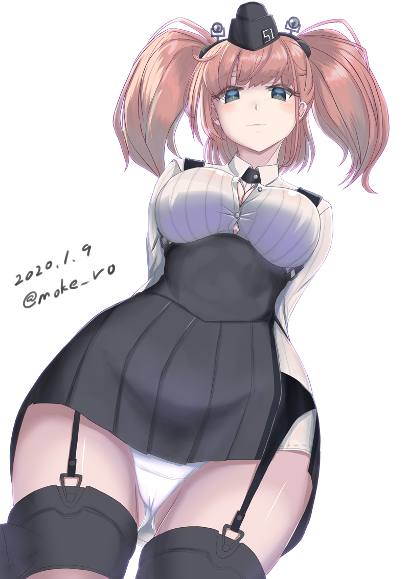 1girl atlanta_(kantai_collection) black_skirt breasts brown_hair dated eyebrows_visible_through_hair garrison_cap garter_straps grey_eyes hat high-waist_skirt jewelry kantai_collection large_breasts long_hair long_sleeves looking_at_viewer looking_down mokerou panties pantyshot shirt skirt solo suspender_skirt suspenders two_side_up underwear white_panties white_shirt