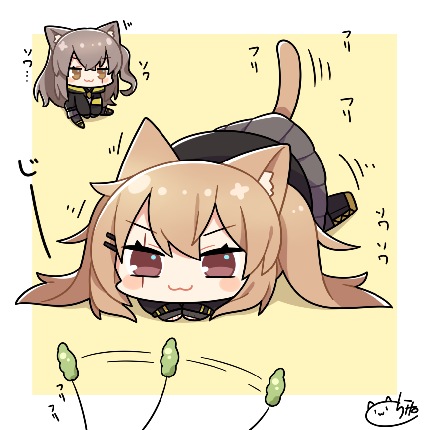 2girls :3 animal_ears blush_stickers brown_eyes brown_hair cat_ears cat_tail cattail chibi dokumi eyebrows_visible_through_hair girls_frontline hair_ornament hairclip imminent_pounce long_hair long_sleeves multiple_girls plant pleated_skirt scarf side_ponytail signature sitting skirt sleeves_past_wrists tail twintails ump45_(girls_frontline) ump9_(girls_frontline)