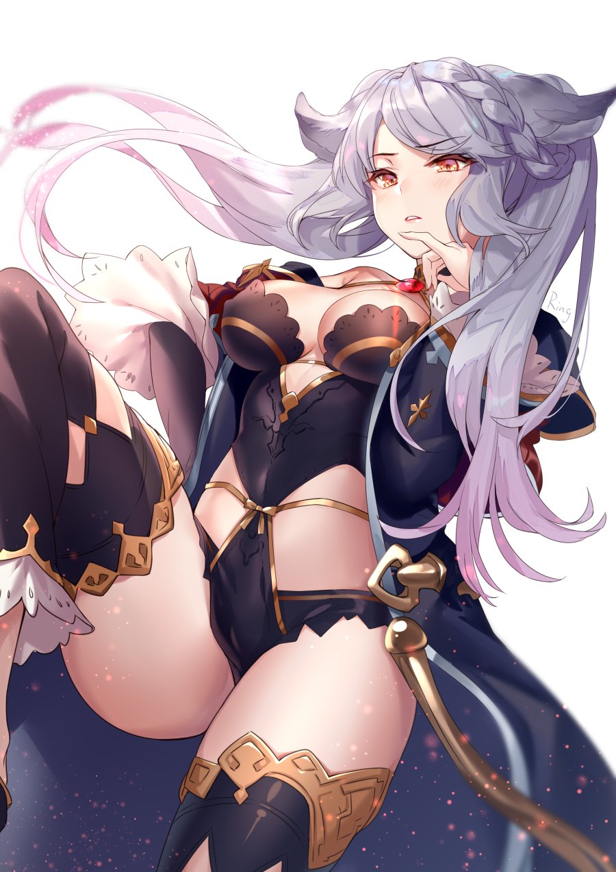 1girl aki663 animal_ears breasts brown_eyes detached_pants erune fraux granblue_fantasy grey_hair highres leotard medium_breasts robe thighs twintails white_background