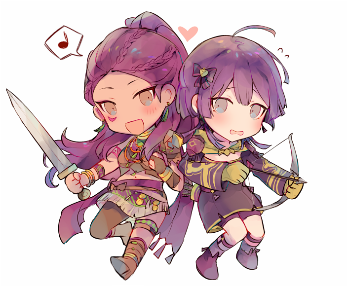 2girls arrow bernadetta_von_varley bow_(weapon) chibi dark_skin dress earrings fire_emblem fire_emblem:_three_houses gloves grey_eyes heart holding holding_bow_(weapon) holding_sword holding_weapon jewelry kvlen long_hair long_sleeves multiple_girls musical_note open_mouth petra_macneary ponytail purple_hair quiver simple_background spoken_musical_note sword weapon white_background yellow_gloves