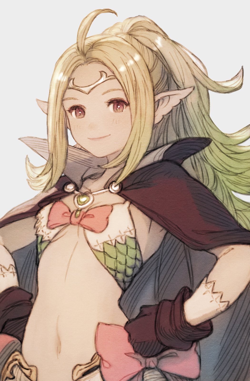 1girl black_gloves blonde_hair bow cape circlet closed_mouth fire_emblem fire_emblem_awakening gloves grey_background highres long_hair maekakekamen navel nowi_(fire_emblem) pointy_ears ponytail simple_background smile solo upper_body