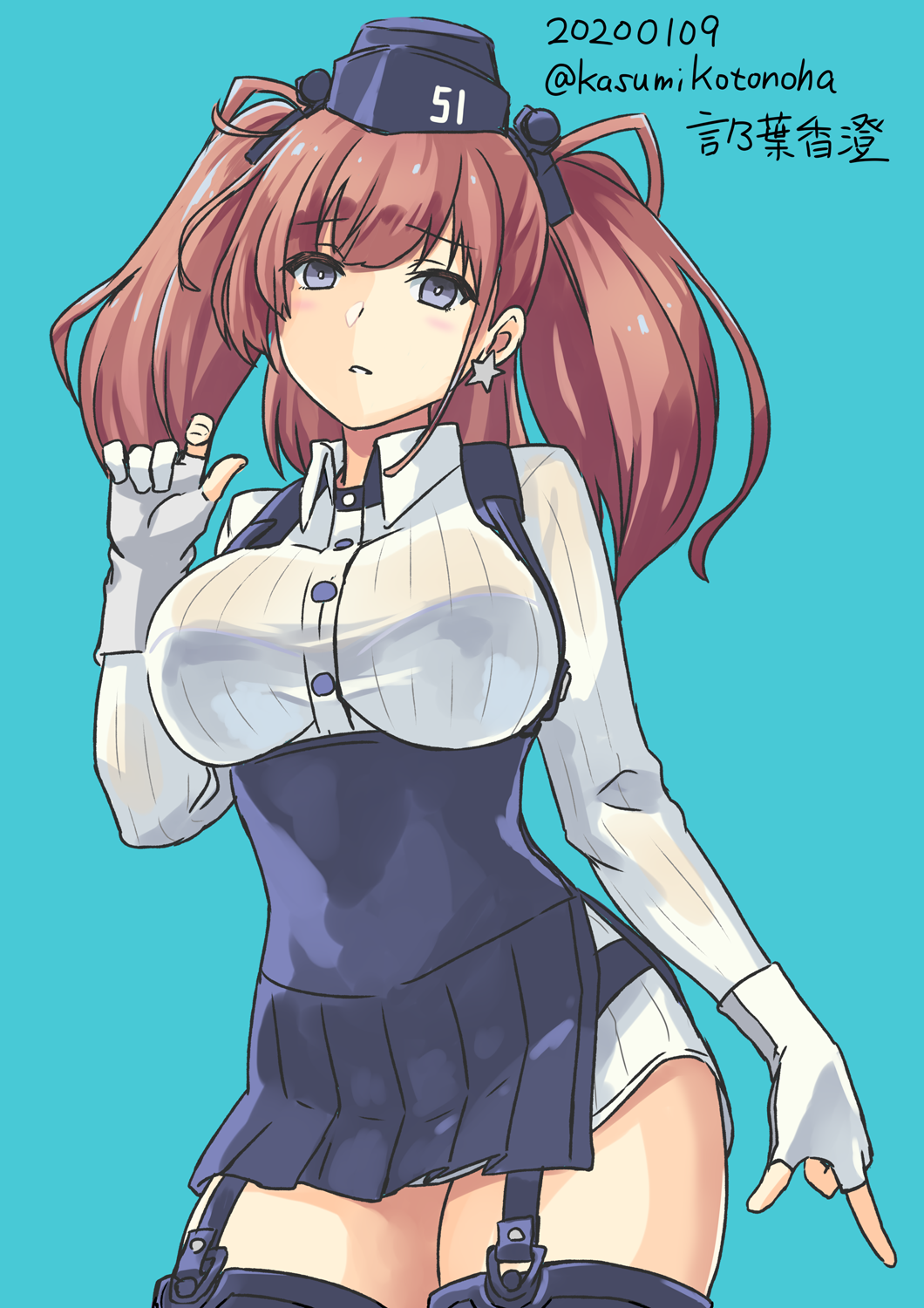 1girl artist_name atlanta_(kantai_collection) black_legwear black_skirt blue_background breasts brown_hair commentary_request contrapposto cowboy_shot dated earrings eyebrows_visible_through_hair garrison_cap garter_straps gloves grey_eyes hat high-waist_skirt highres jewelry kantai_collection kotonoha_kasumi large_breasts long_hair long_sleeves looking_at_viewer partly_fingerless_gloves shirt simple_background skirt solo star star_earrings suspender_skirt suspenders thigh-highs twitter_username two_side_up white_shirt