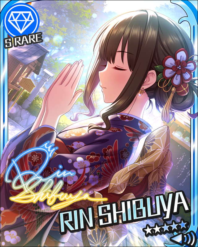 blush brown_hair character_name closed_eyes idolmaster idolmaster_cinderella_girls kimono long_hair shibuya_rin stars