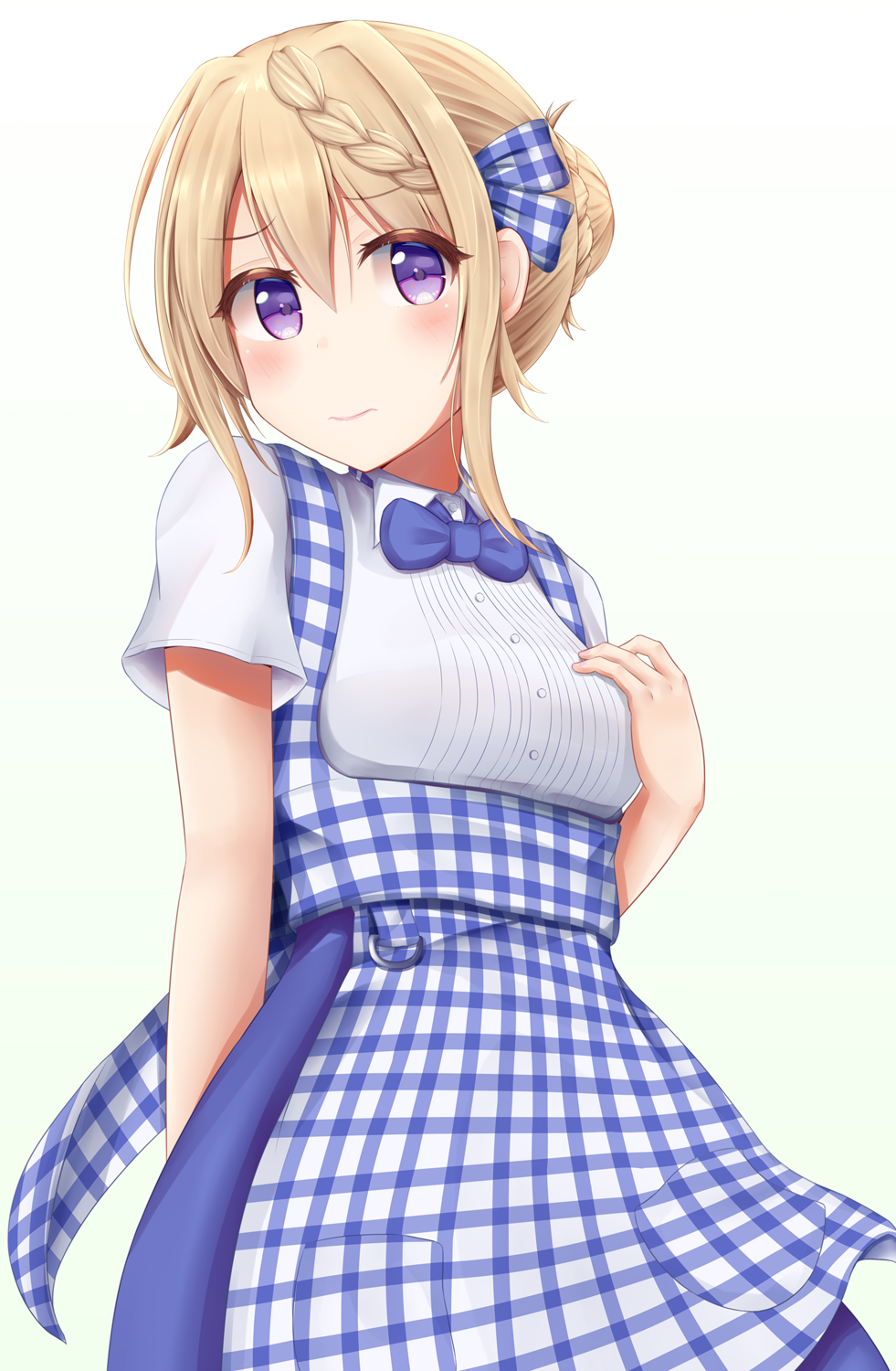 1girl alternate_costume apron blue_apron blue_neckwear bow bowtie braid braided_bangs braided_bun commentary_request cowboy_shot employee_uniform gingham_apron highres kantai_collection kobeya koubeya_uniform minakami_mimimi perth_(kantai_collection) plaid plaid_apron shirt short_sleeves solo uniform violet_eyes waitress white_shirt