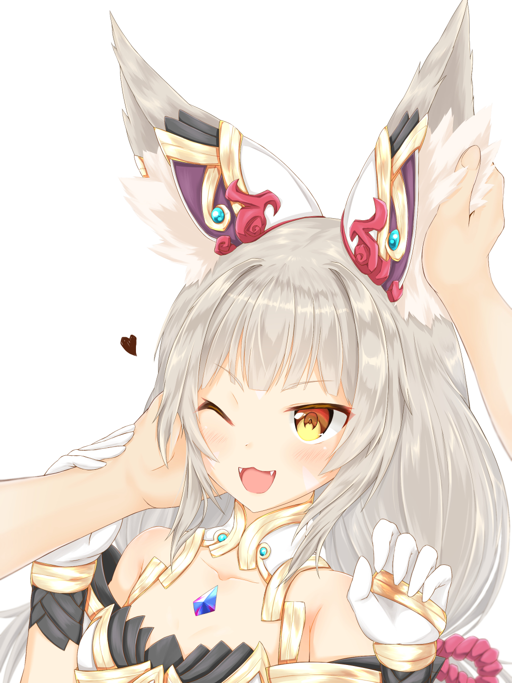 1girl animal_ear_fluff animal_ears blush breasts collarbone fangs gloves heart highres long_hair niyah niyah_(blade) one_eye_closed open_mouth playing_with_another's_ears silver_hair simple_background small_breasts smile solo_focus twintails user_tpwm5585 white_background white_gloves xenoblade_(series) xenoblade_2 yellow_eyes