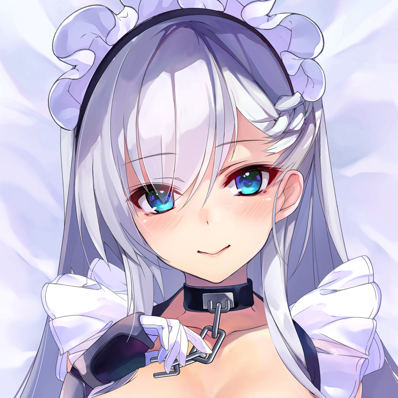 1girl arm_guards azur_lane bangs belfast_(azur_lane) blue_eyes blush braid breasts chain collar collarbone eyebrows_visible_through_hair french_braid frills gloves hand_up long_hair looking_at_viewer maid maid_headdress shirokitsune silver_hair smile solo upper_body white_gloves