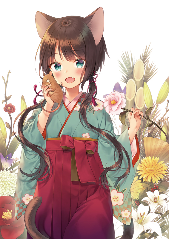 1girl :d animal animal_ears aqua_eyes aqua_kimono bamboo bangs cat_ears cat_girl cat_tail commentary cowboy_shot eyebrows_visible_through_hair fang floral_background flower hair_ribbon hakama holding holding_animal holding_flower japanese_clothes kimono long_sleeves looking_at_viewer midorikawa_you mouse open_mouth original pink_flower red_hakama red_ribbon revision ribbon shirt skin_fang smile solo tail tassel twintails white_background white_flower wide_sleeves yellow_shirt