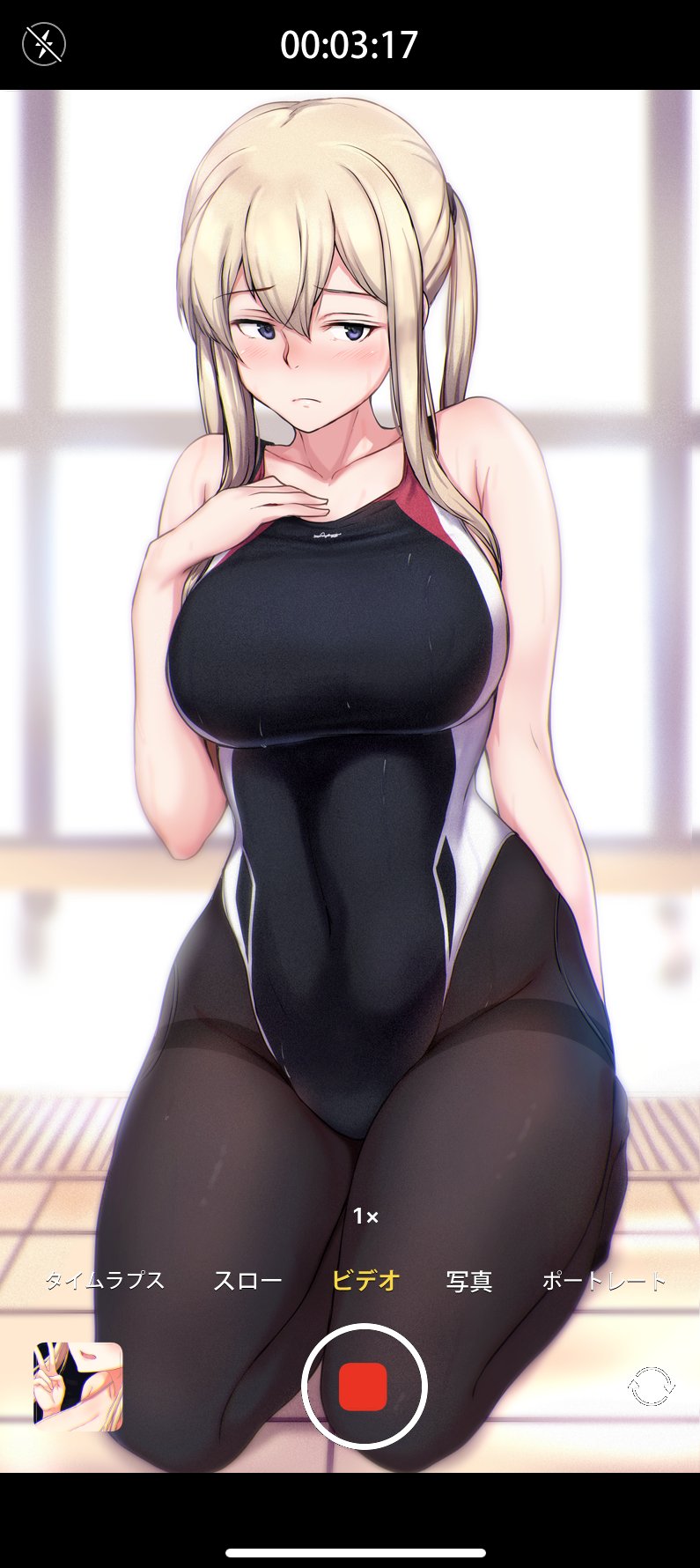 1girl black_legwear black_swimsuit blonde_hair breasts commentary_request competition_swimsuit covered_navel embarrassed full_body graf_zeppelin_(kantai_collection) grey_eyes hair_between_eyes hand_on_own_chest highleg highleg_swimsuit highres kantai_collection kneeling large_breasts long_hair looking_at_viewer one-piece_swimsuit osterei pantyhose phone_screen sidelocks solo swimsuit thighband_pantyhose tsurime twintails viewfinder