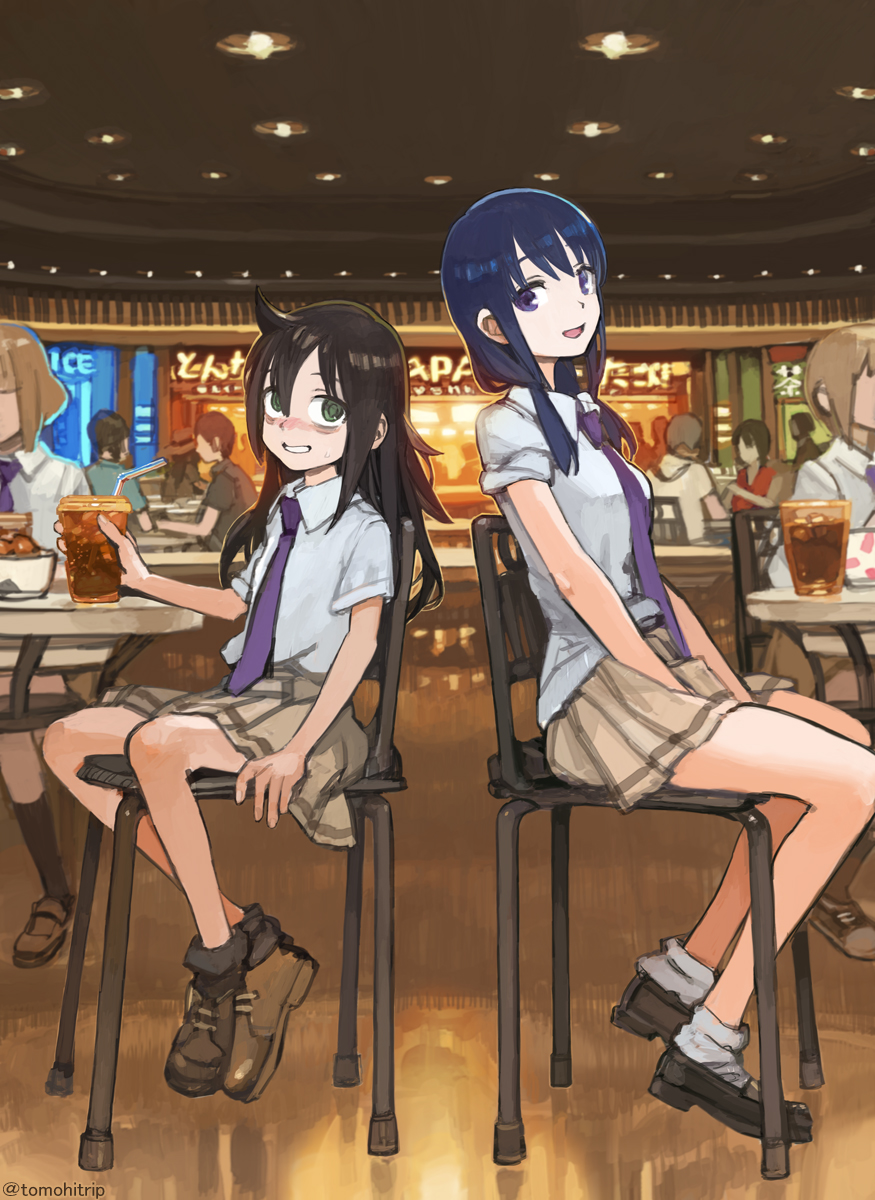 4girls :d arm_support bags_under_eyes bangs bare_legs between_legs between_thighs black_hair blue_hair blush brown_footwear chair collared_shirt cup disposable_cup drink drinking_straw eye_contact foot_dangle from_side green_eyes grin hand_between_legs hand_up highres holding holding_cup ice ice_cube indoors kuroki_tomoko loafers long_hair looking_at_another low_twintails miniskirt multiple_girls necktie open_mouth pleated_skirt purple_neckwear school_uniform shirt shoelaces shoes short_sleeves sidelocks sitting skirt sleeves_rolled_up smile socks sweat table tamura_yuri tanaka_mako tareme tomohi twintails twitter_username uchi_emiri violet_eyes watashi_ga_motenai_no_wa_dou_kangaetemo_omaera_ga_warui! white_shirt wing_collar yellow_skirt