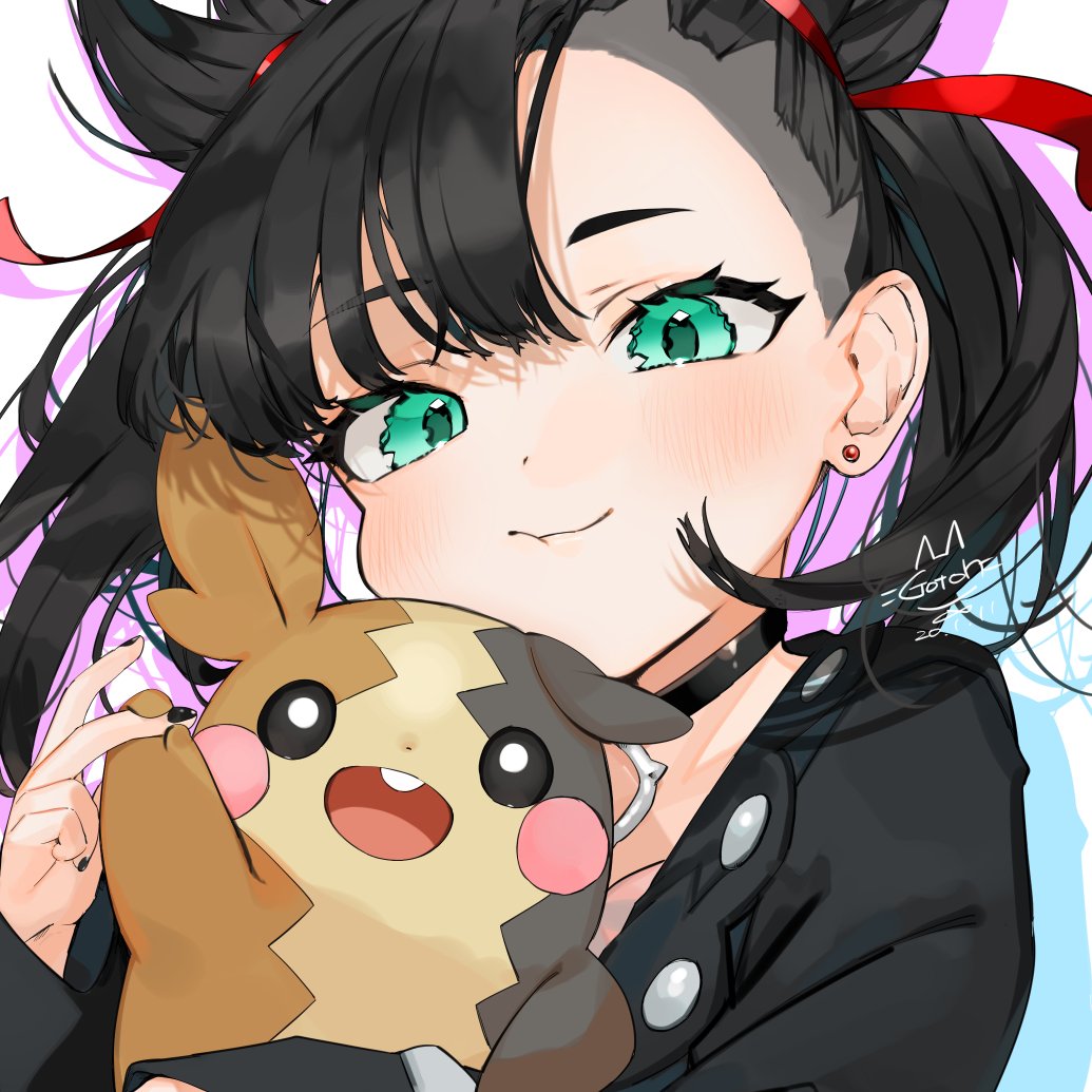 1girl :d artist_name bangs black_choker black_hair black_jacket blush choker commentary earrings gotoh510 green_eyes hair_ribbon head_tilt jacket jewelry long_sleeves looking_at_viewer mary_(pokemon) morpeko open_mouth pointy_hair pokemon pokemon_(creature) pokemon_(game) pokemon_swsh red_ribbon ribbon short_hair signature silhouette simple_background smile stud_earrings twintails upper_body white_background