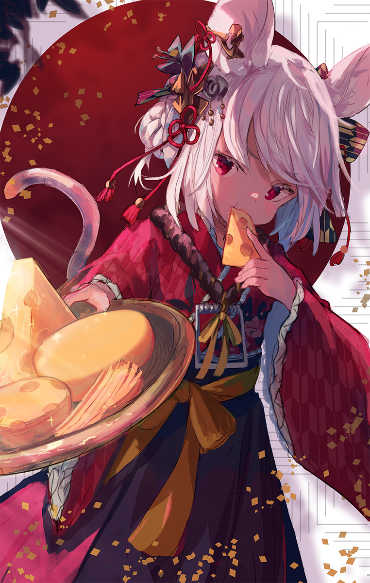 1girl 2020 animal_ears bangs blush bow bowl cheese cheese_wheel chinese_zodiac eating food furisode giving grey_hair hair_bow hair_ornament hakama highres holding holding_bowl holding_food japanese_clothes kimono long_sleeves looking_at_viewer mouse_ears mouse_tail original red_eyes roll_okashi short_hair solo swiss_cheese tail wide_sleeves year_of_the_rat